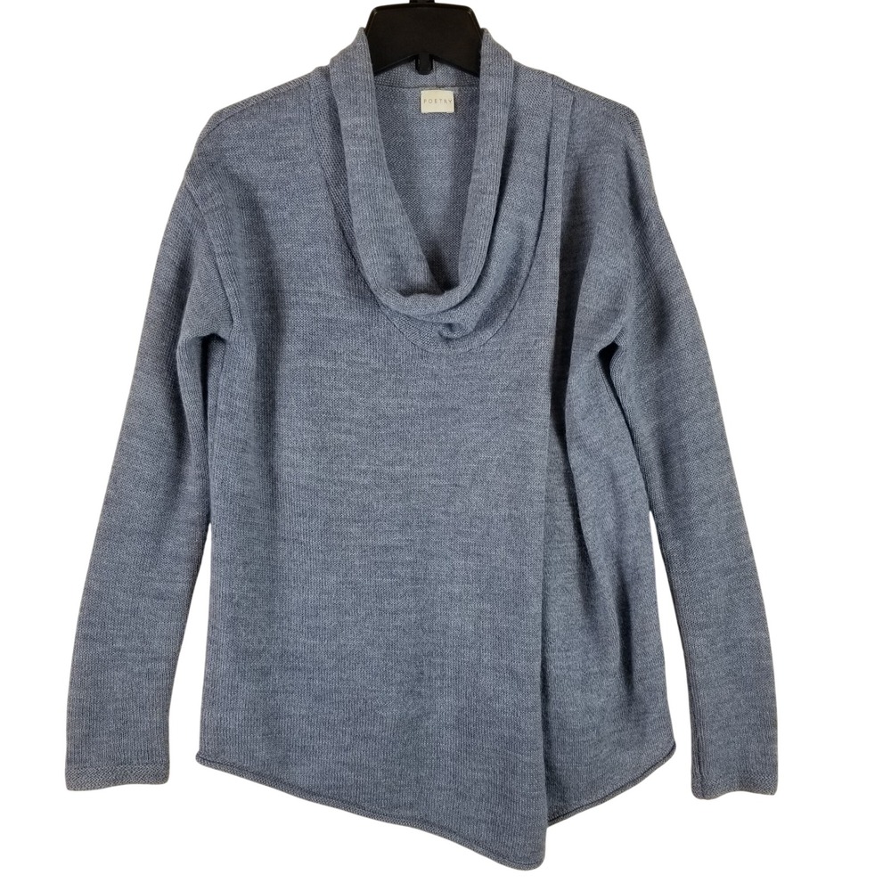 Poetry Sweater Women XS Blue 100% Baby Alpaca Cowl Neck Asymmetrical V890